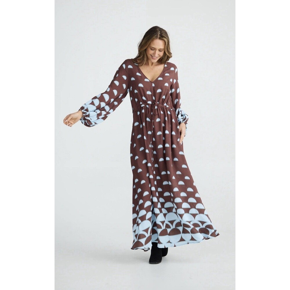 BRAVE & TRUE Daylight Dress - Blue Brown Geo , Long Sleeve , V-Neck. Size S